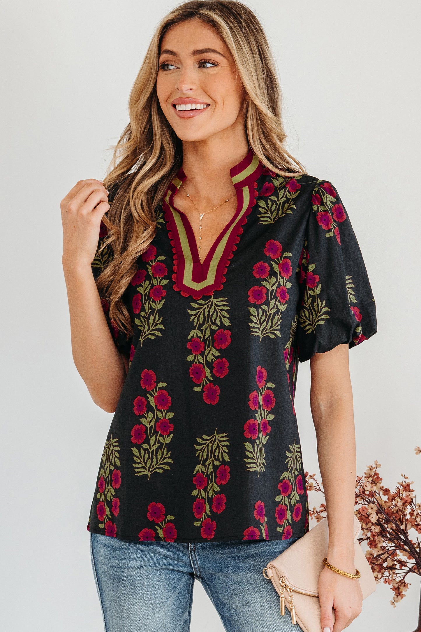 Midnight Garden Stroll Puff Sleeve Top