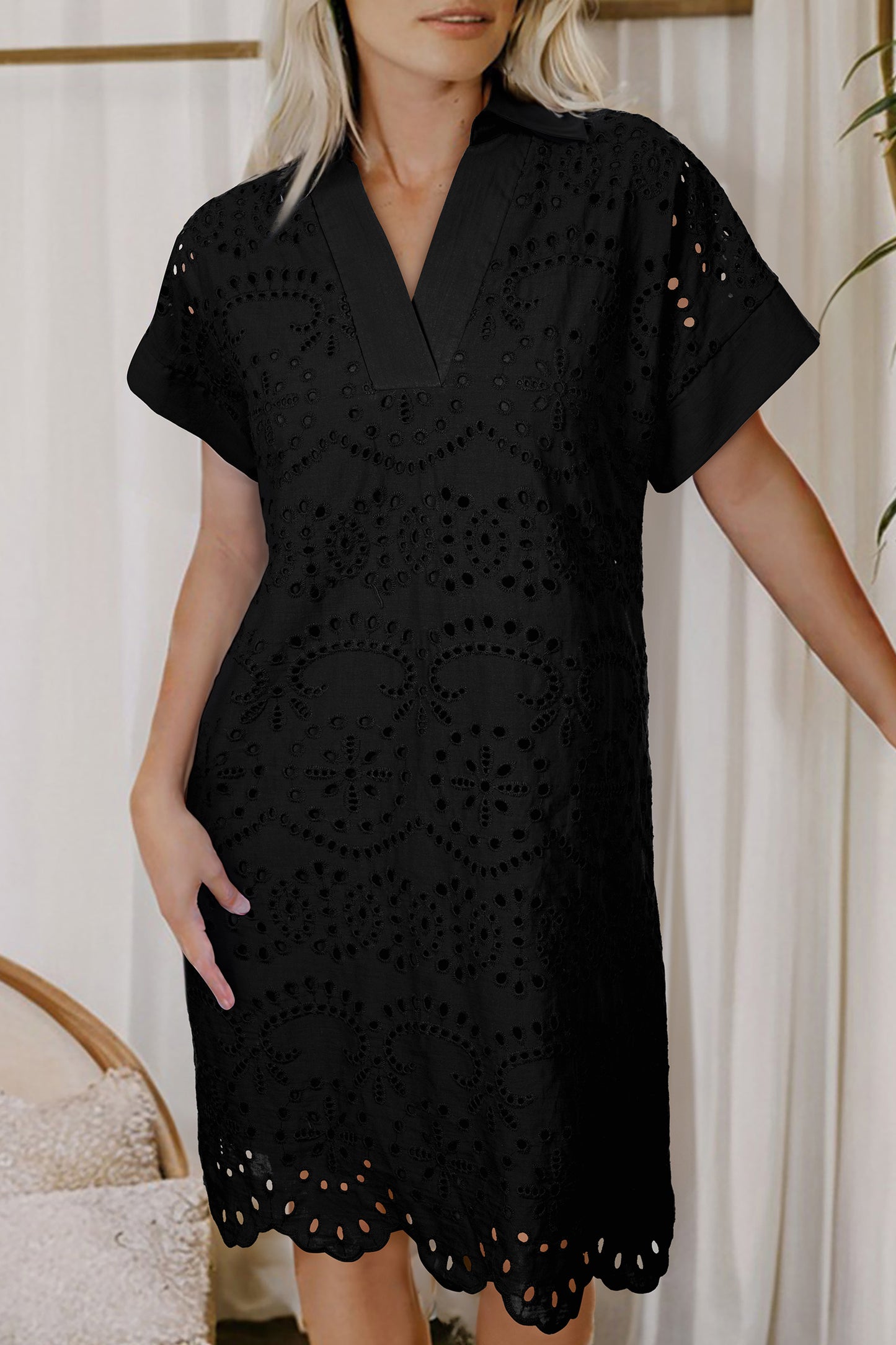 Eyelet Elegance Collared Mini Dress