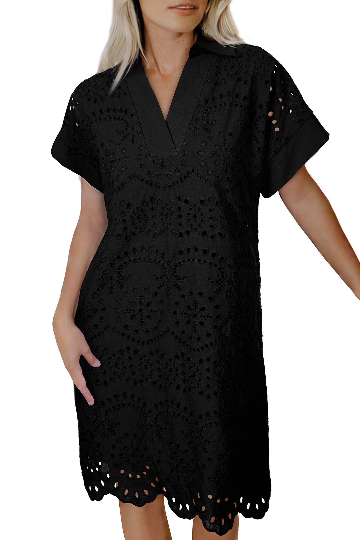 Eyelet Elegance Collared Mini Dress