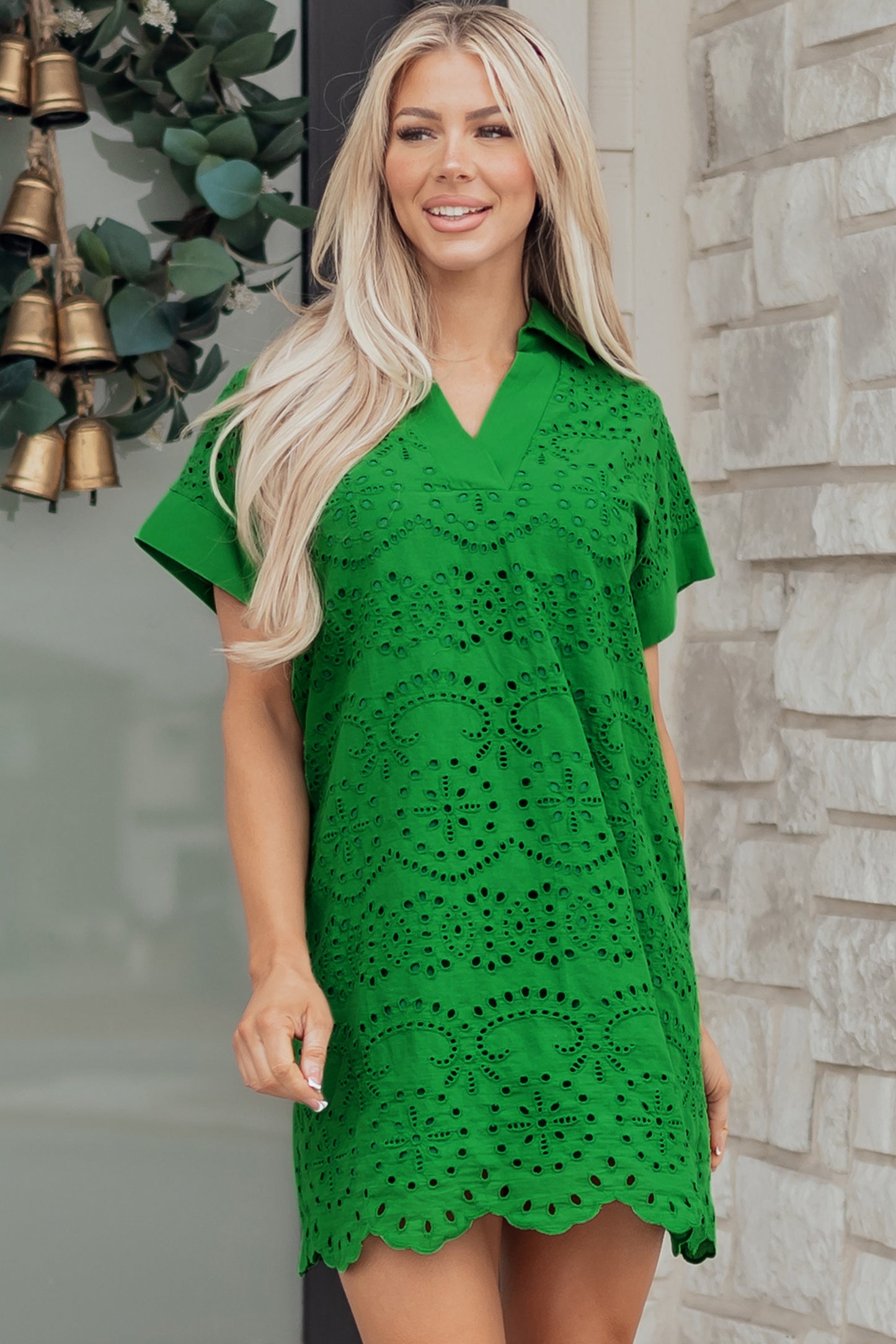 Eyelet Elegance Collared Mini Dress