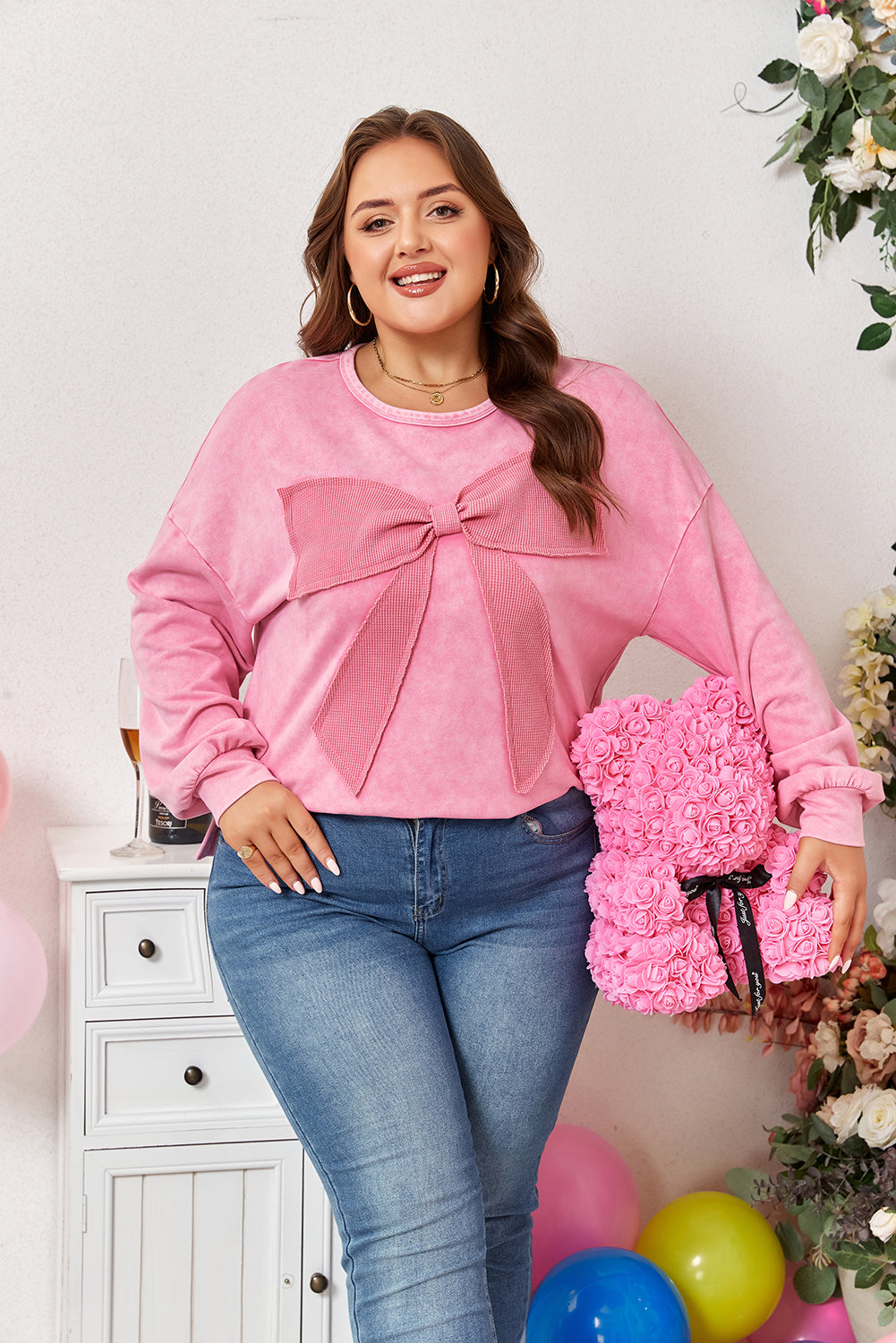 Bow So Sweet Mineral Wash Plus Size Pullover