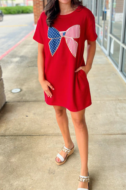 Fiery Red Stars & Stripes Bow Mini Dress