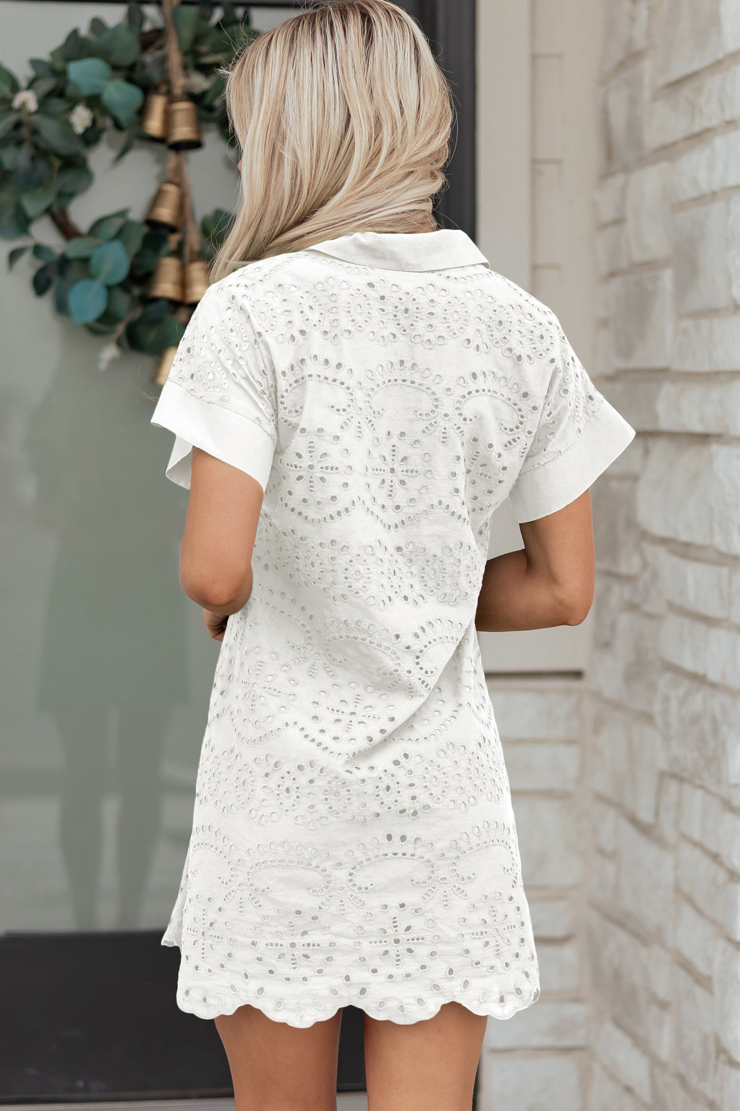 Eyelet Elegance Collared Mini Dress