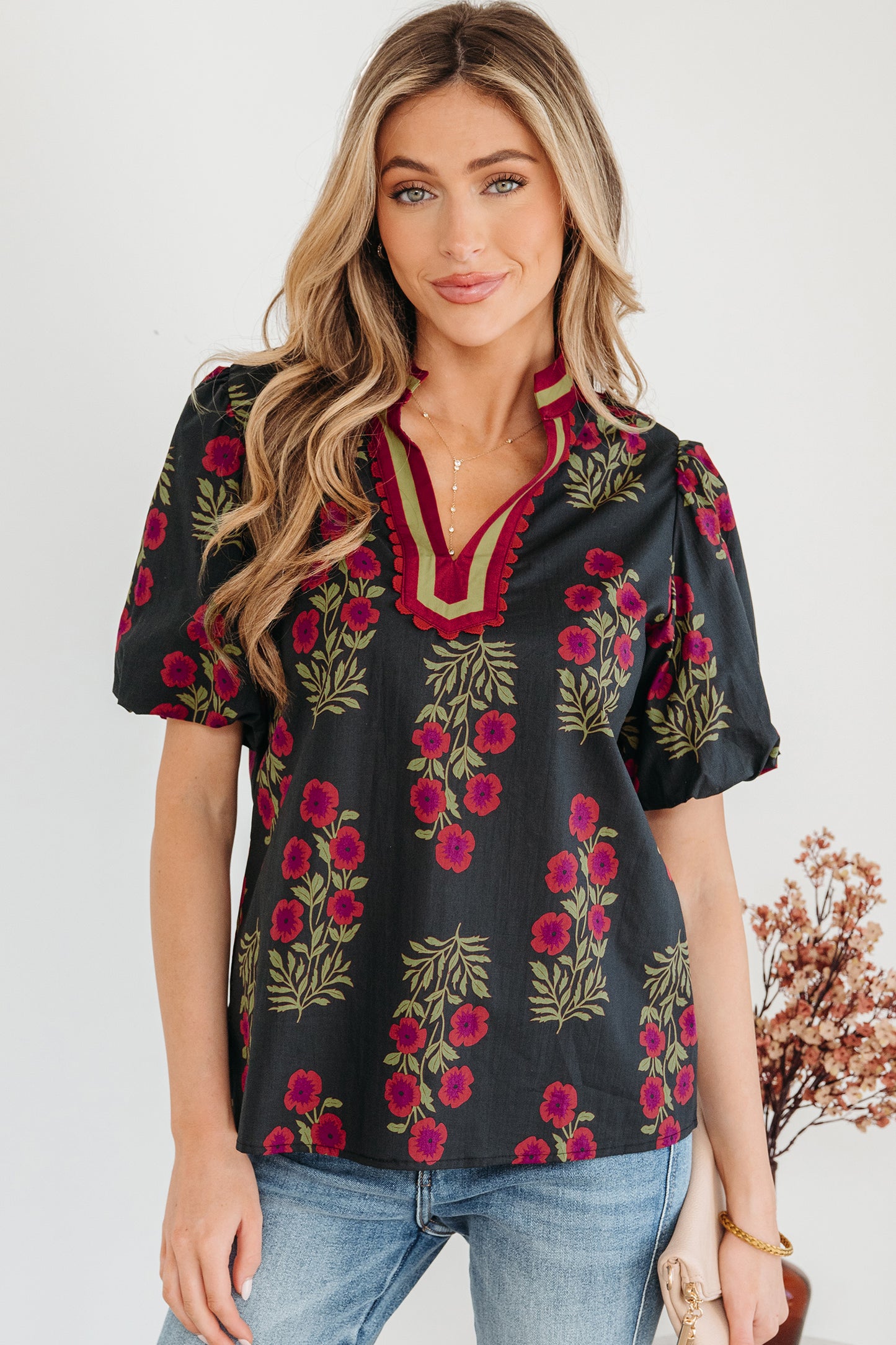 Midnight Garden Stroll Puff Sleeve Top