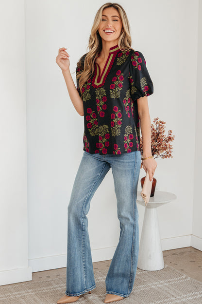 Midnight Garden Stroll Puff Sleeve Top