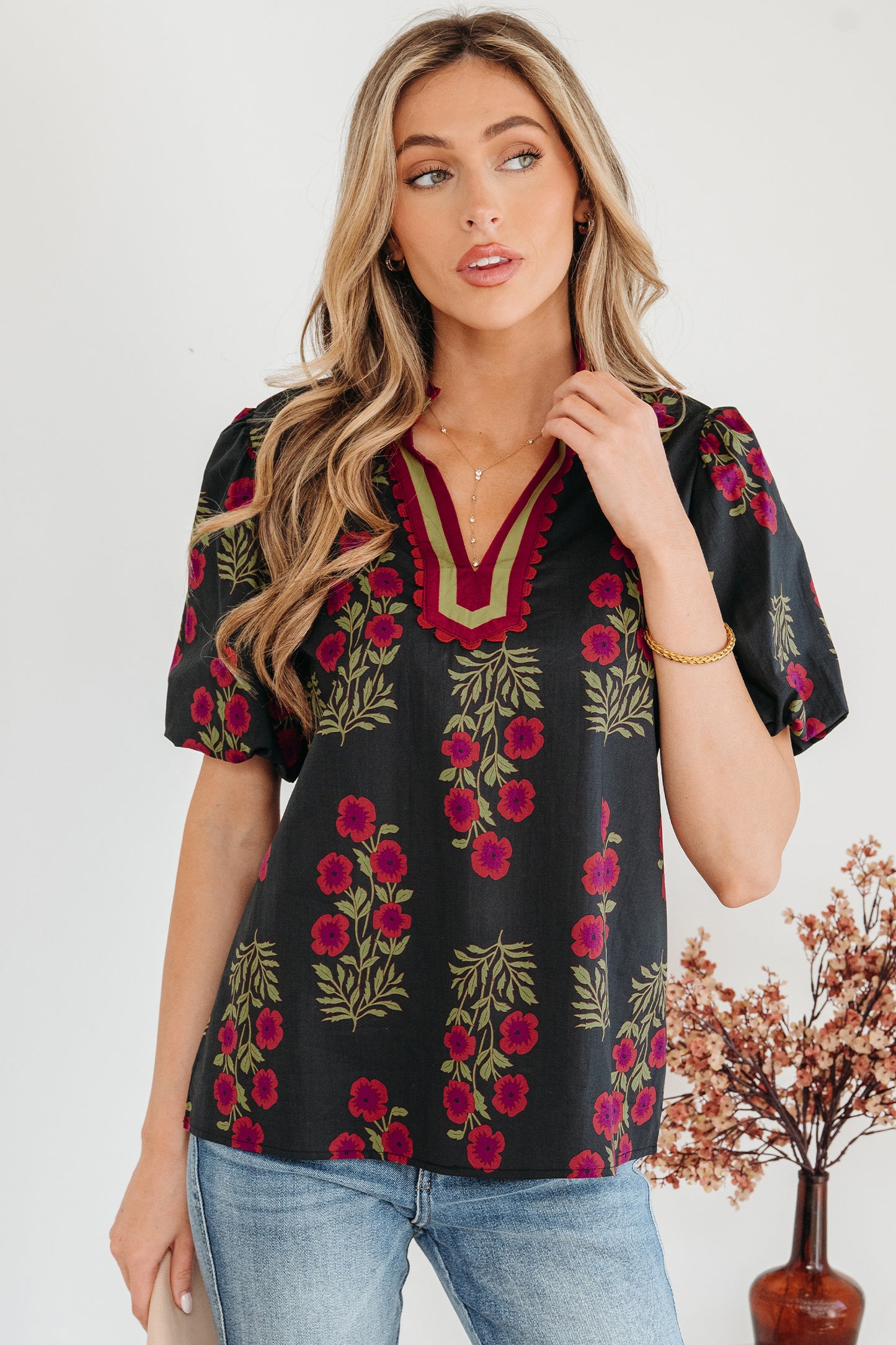 Midnight Garden Stroll Puff Sleeve Top