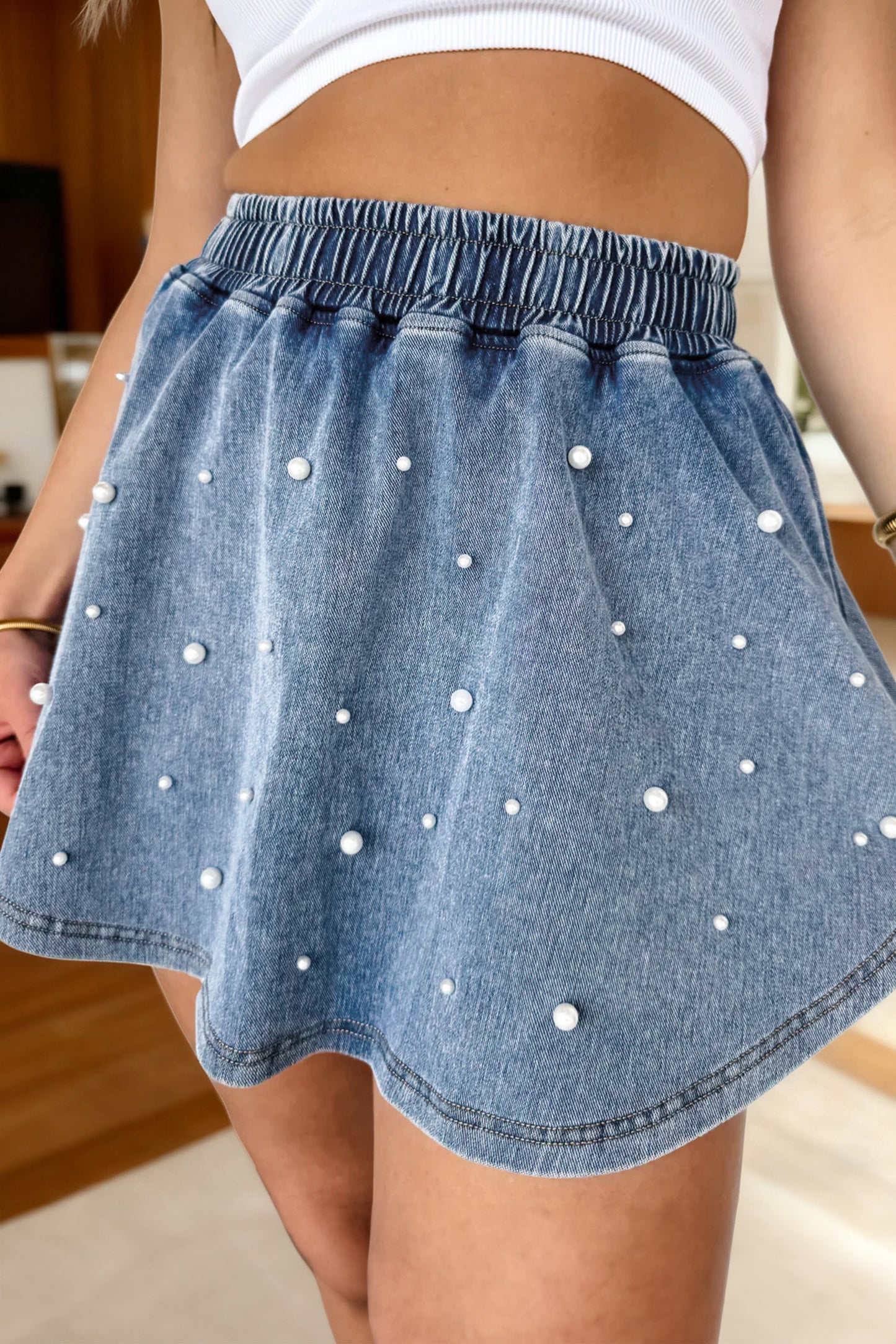 Polished With Pearls Denim Mini Skort