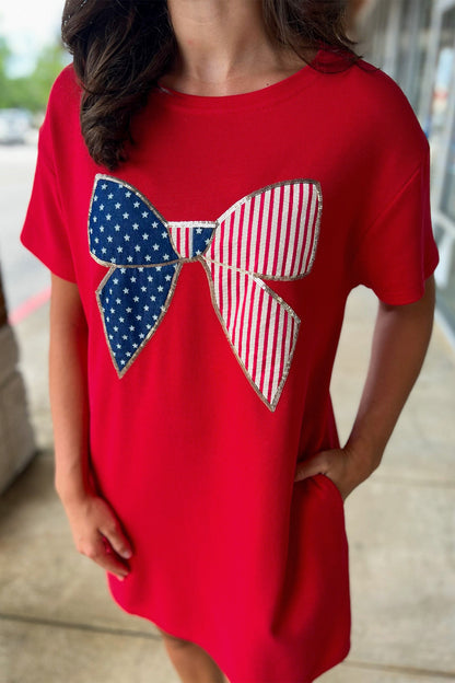 Fiery Red Stars & Stripes Bow Mini Dress