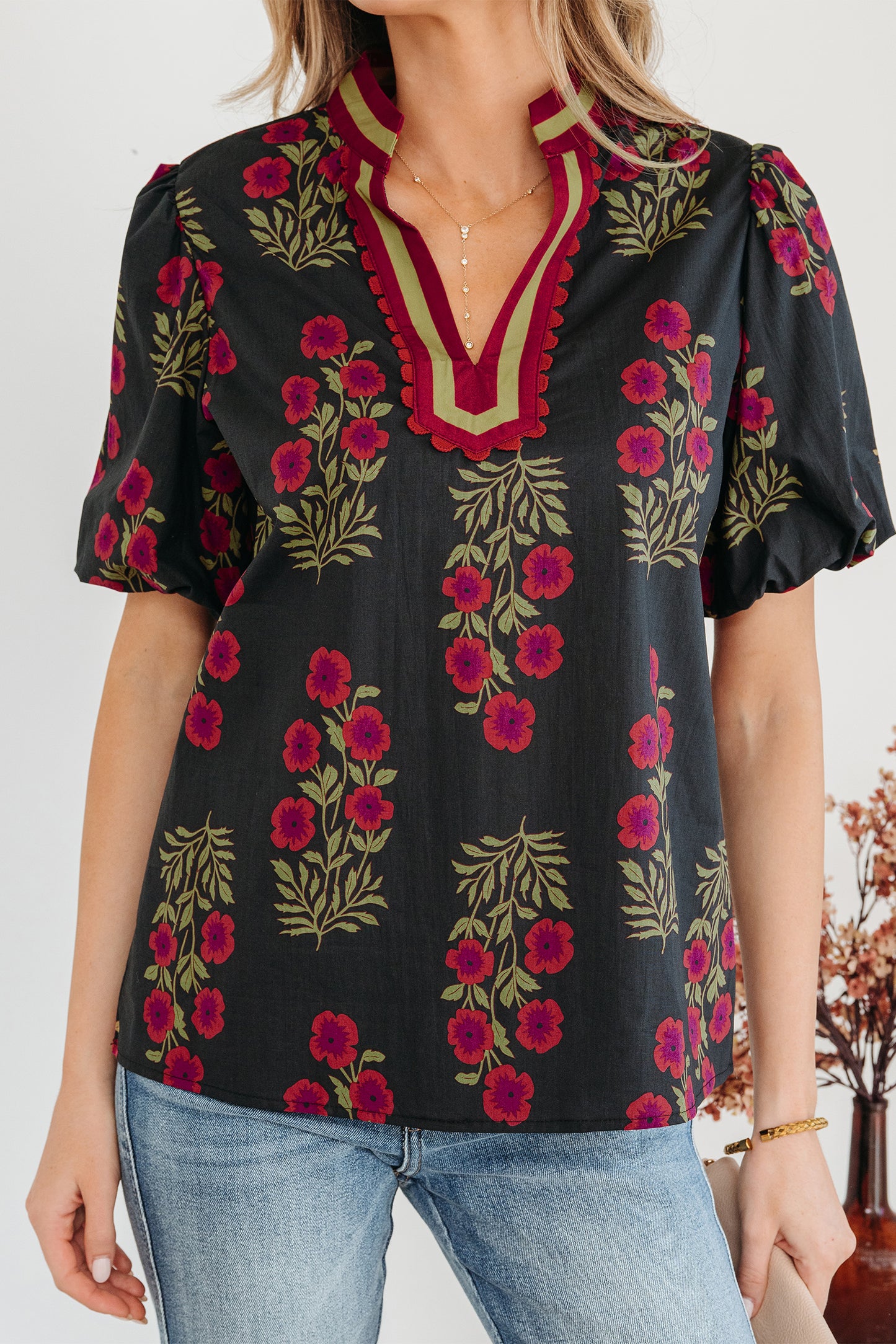 Midnight Garden Stroll Puff Sleeve Top