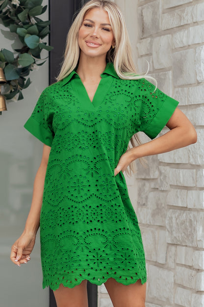 Eyelet Elegance Collared Mini Dress