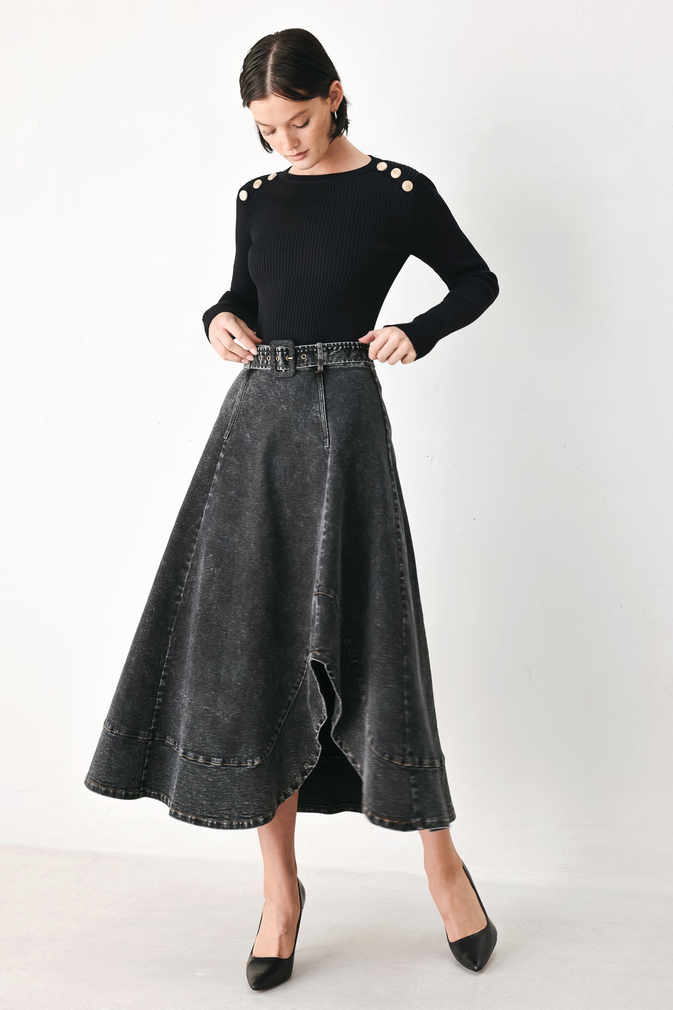 Flying Tomato Shadow Stitch Romance Denim Midi Skirt