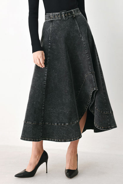 Flying Tomato Shadow Stitch Romance Denim Midi Skirt