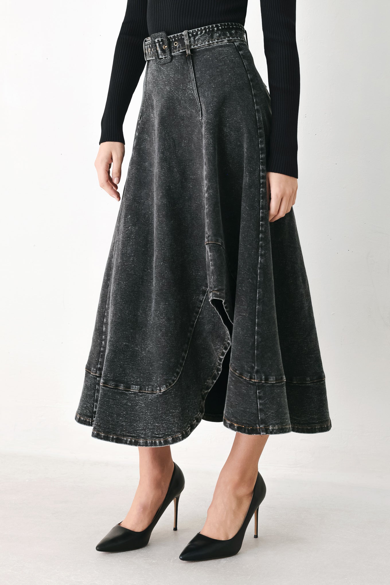Flying Tomato Shadow Stitch Romance Denim Midi Skirt