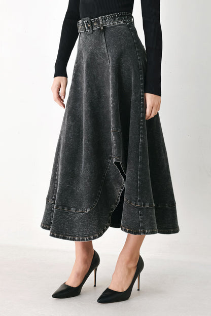 Flying Tomato Shadow Stitch Romance Denim Midi Skirt