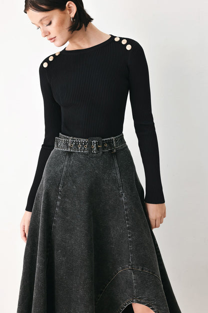 Flying Tomato Shadow Stitch Romance Denim Midi Skirt