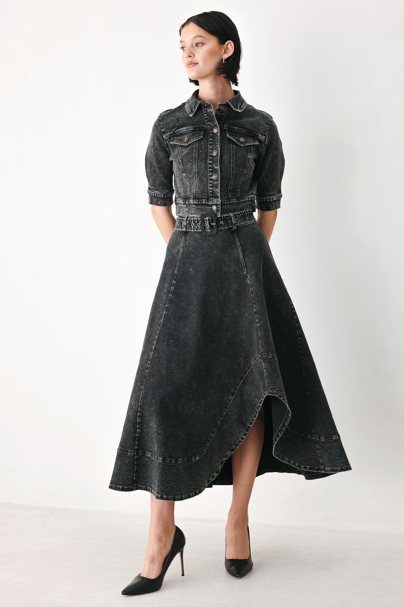 Flying Tomato Shadow Stitch Romance Denim Midi Skirt