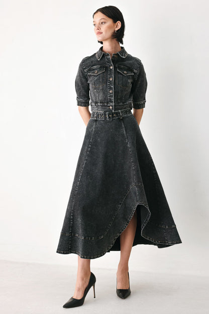 Flying Tomato Shadow Stitch Romance Denim Midi Skirt