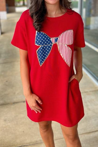 Fiery Red Stars & Stripes Bow Mini Dress