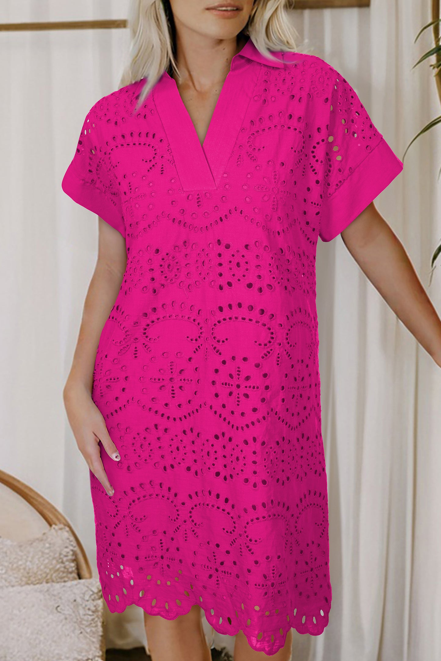 Eyelet Elegance Collared Mini Dress
