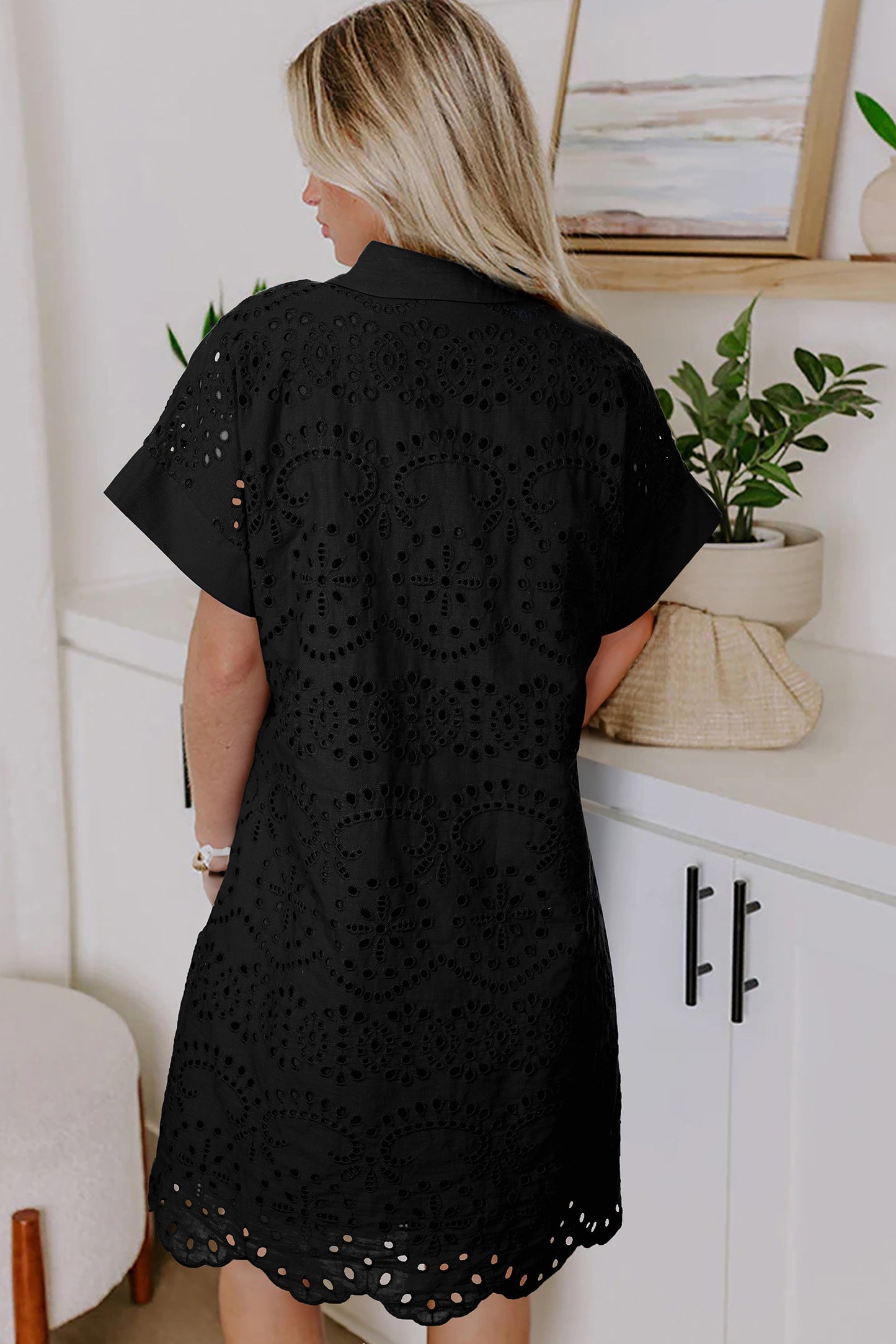 Eyelet Elegance Collared Mini Dress