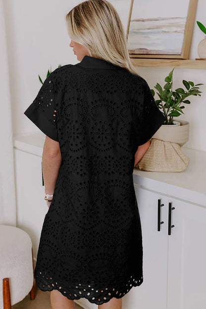Eyelet Elegance Collared Mini Dress